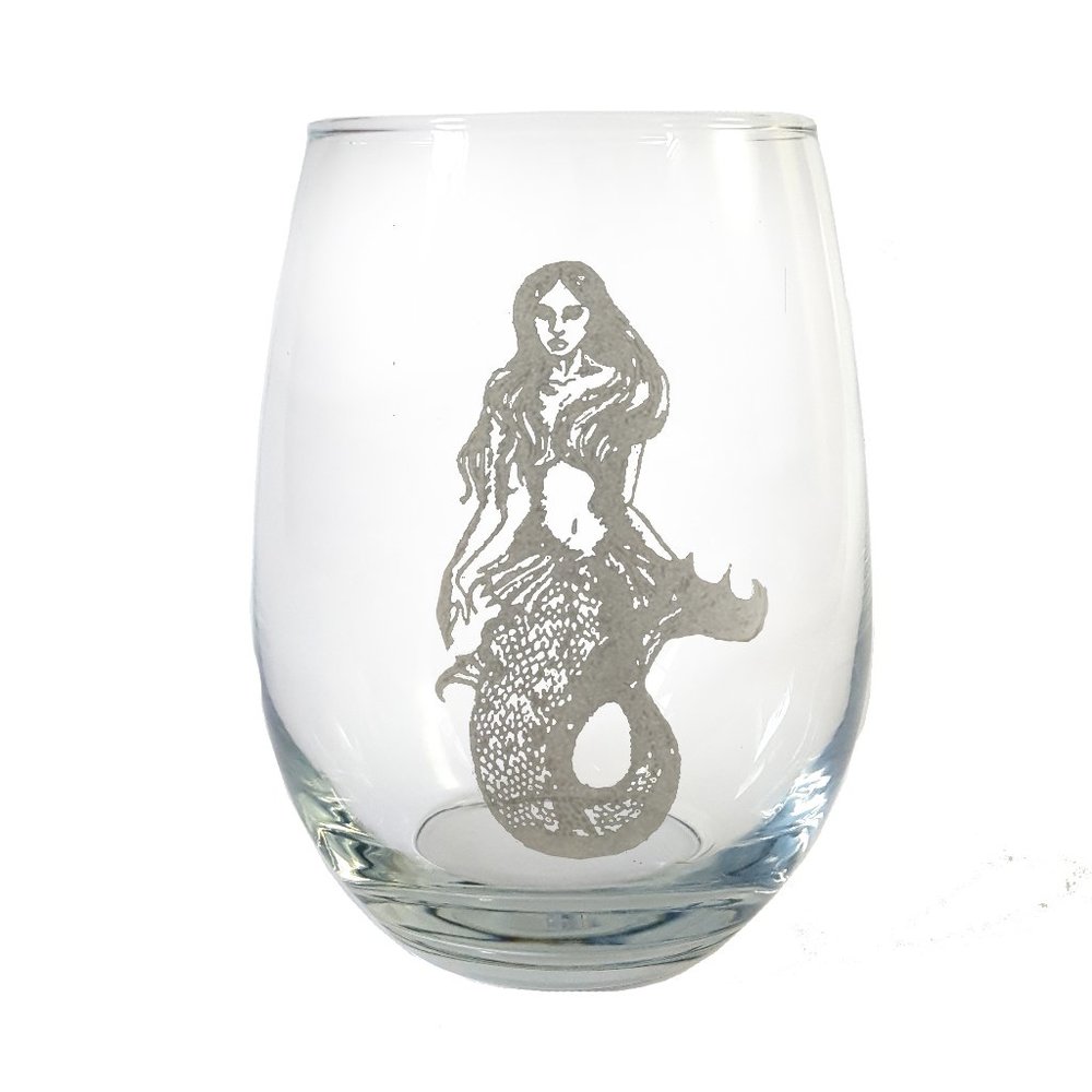 Mermaid Engraved Stemless Wine Glass, Beach Decor